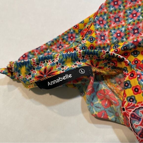 Annabelle Multicolor Blouse Keyhole Neck Bell Sleeve, Size L - Picture 8 of 10